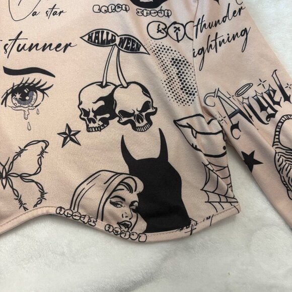 Shein Long Sleeve Tattoo Print Crop Top With Mock Neck Beige & Black Womans M - Picture 15 of 16